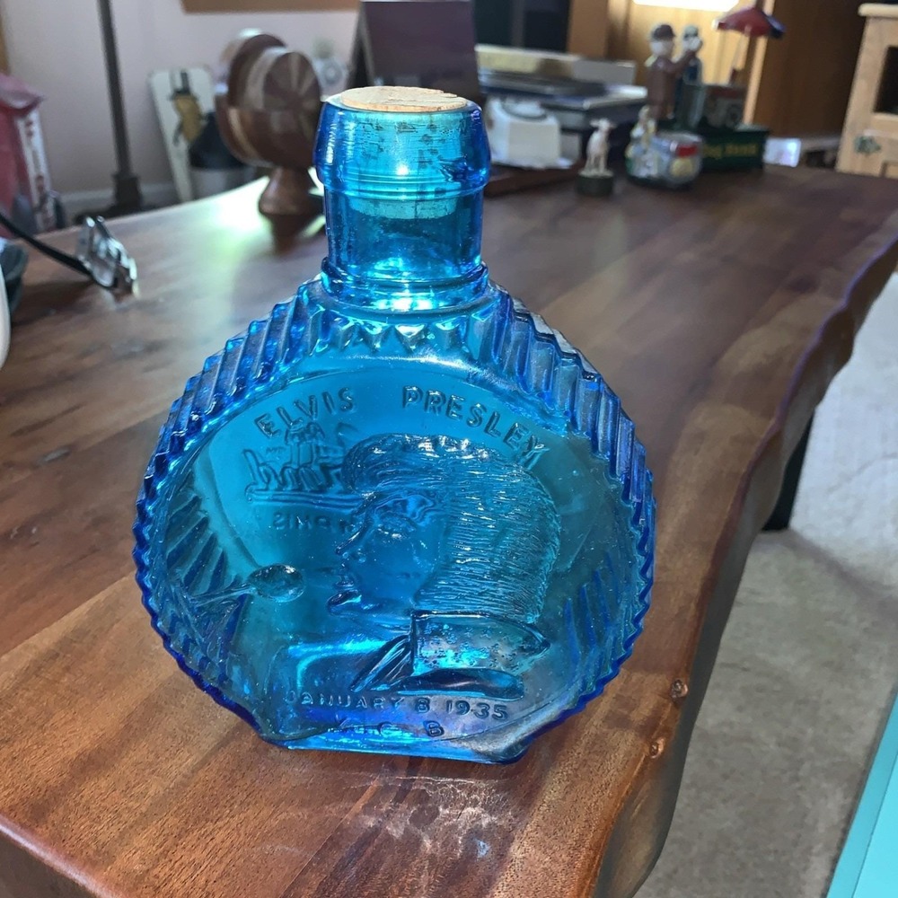 Elvis Presley Blue Glass Coin Bank Clevenger Bros Unique And Rare